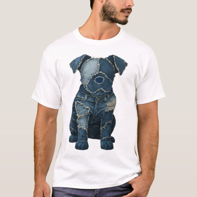Söt Denim-lappad Konst Hund T-Shirt (Framsida)