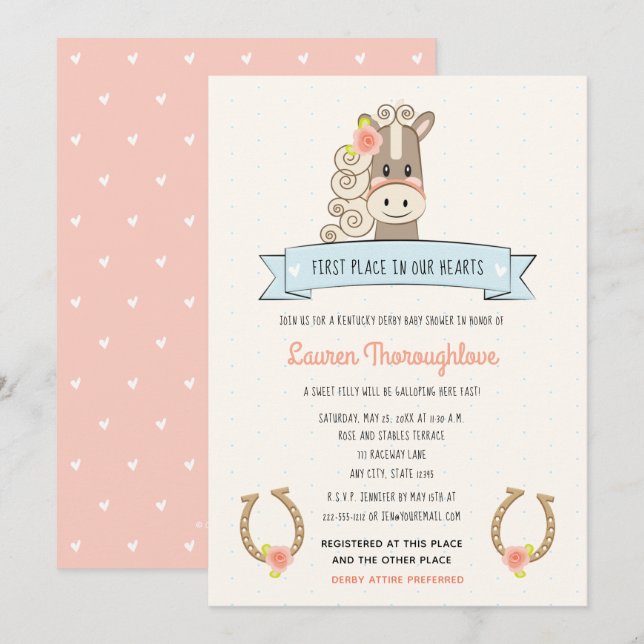 Söt Derby Horse Baby Shower-inbjudan Flickor Meddelande (Fram/baksida)