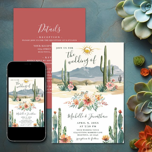 Söt Desert Blommar Cactus alla i Bröllop Inbjudningar (Pretty Desert Flowering Cactus All in One Wedding Invitation)