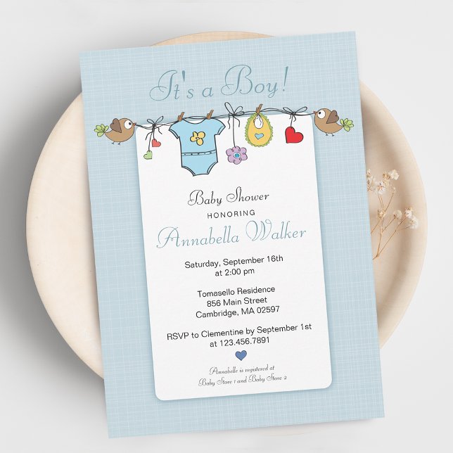 Söt Det Är En Pojke Klädstreck Baby Shower Inbjudningar (Cute It's A Boy Clothesline Baby Shower Invitation)