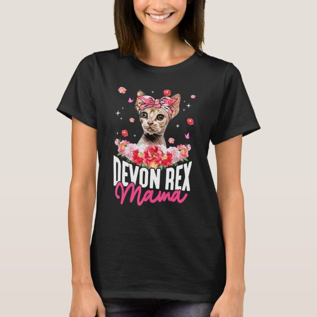 Söt Devon Rex Mamma Blomma Bandana Katt Mors Dag  T Shirt (Framsida)