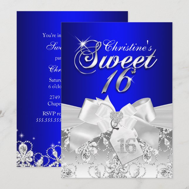 Söt Diamond Bow Royal Blue Sweet 16 Inbjudan (Fram/baksida)