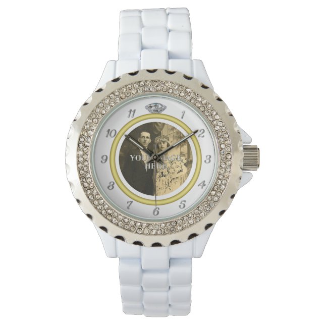 Söt Diamond Bröllop Ring med Photo on White Armbandsur (Framsida)