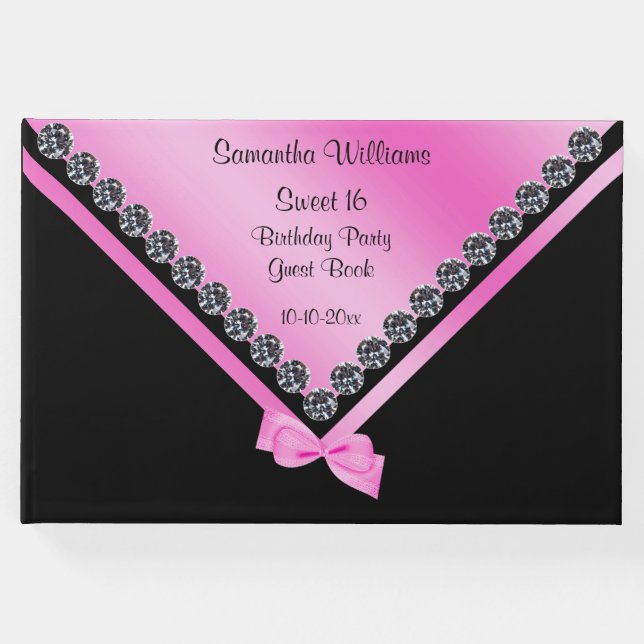 Söt Diamonds & Rosa Bow Sweet 16 Gästböcker (Framsida)