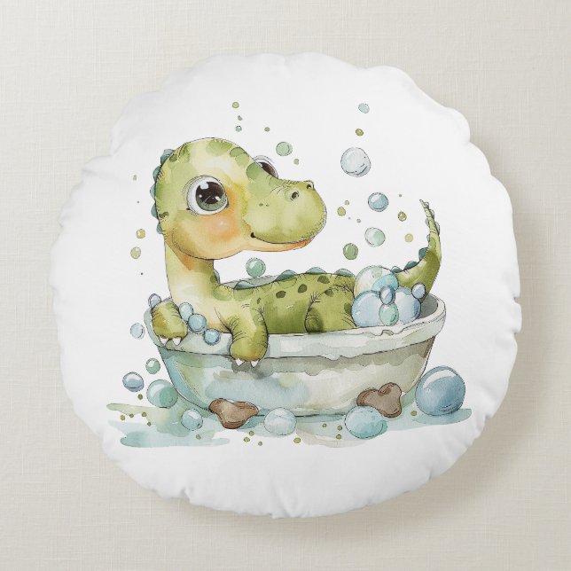 Söt Dino Badar Rund Kudde (Framsidan)