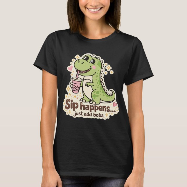 Söt Dino dricker bubbel-te, boba-te T Shirt (Framsida)