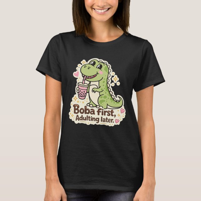 Söt Dino dricker bubbel-te, boba-te T Shirt (Framsida)