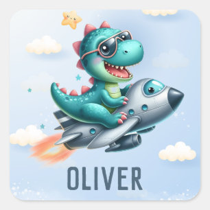 Söt Dino Trex Pilot Flyger Jetflygplan Fyrkantigt Klistermärke