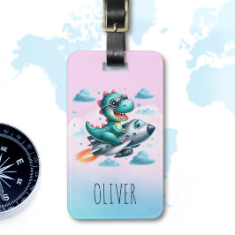 Söt Dino Trex Pilot som flyger Jetflygplan Bagagebricka