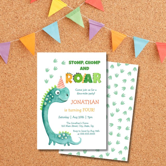 Söt dinosaur-stamp-chomp-gråta födelsedagsfest inbjudningar (Skapare uppladdad)