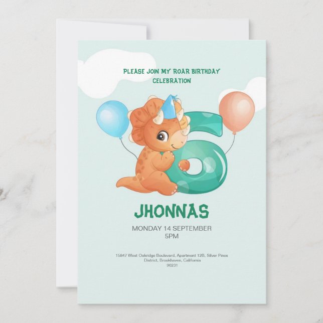 Söt dinosaur trex party 6e-födelsedagsinbjudan inbjudningar (Framsida)