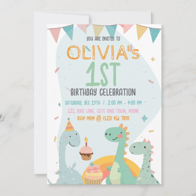 Söt dinosaurie 1-års födelsedagsfest Pastell Inbjudningar (Framsida)