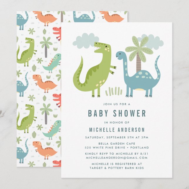 Söt dinosaurie-babyshower inbjudningar (Fram/baksida)