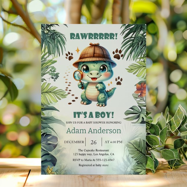 Söt dinosaurie detektiv pojke baby shower inbjudan (Skapare uppladdad)