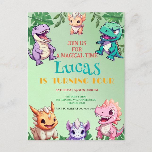 Söt dinosaurie djungel Skolbarn Födelsedagsfest  Vykort (Framsida)