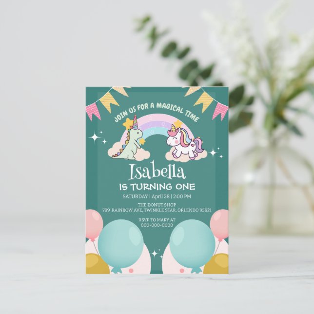 Söt dinosaurie enhörning regnbåge ballong födelsed vykort (Stående Fram)