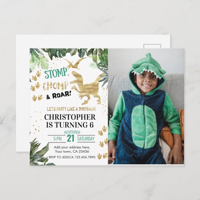 Söt dinosaurie-fest Foto Födelsedag Vykort (Fram/baksida)
