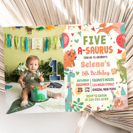 Söt dinosaurie Five-A-Saurus 5-års födelsedagsfoto Inbjudningar