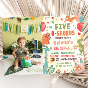 Söt dinosaurie Five-A-Saurus 5-års födelsedagsfoto Inbjudningar
