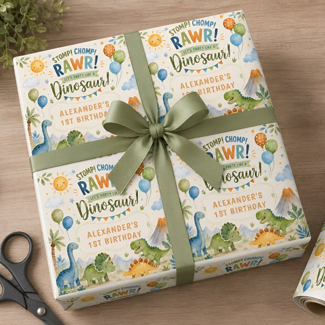 Söt dinosaurie födelsedagspresentpapper pojke presentpapper (Skapare uppladdad)