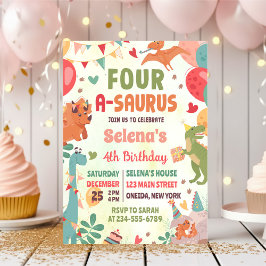 Söt dinosaurie Four-A-Saurus 4-års födelsedagsfest Inbjudningar