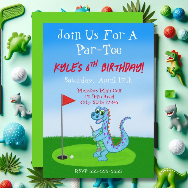 Söt dinosaurie golf tema 6-års födelsedag  inbjudningar (Skapare uppladdad)
