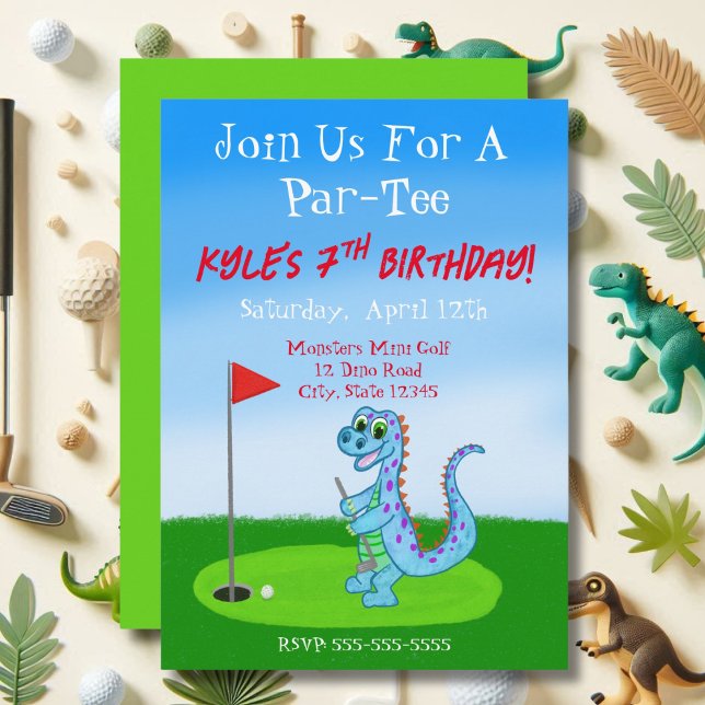 Söt dinosaurie golf tema 7-års födelsedag  inbjudningar (Skapare uppladdad)