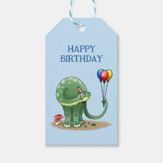 Söt dinosaurie håller tre ballonger presentetikett