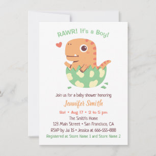 Söt dinosaurie i ägg Rawr Det är en pojke Baby Sho Inbjudningar