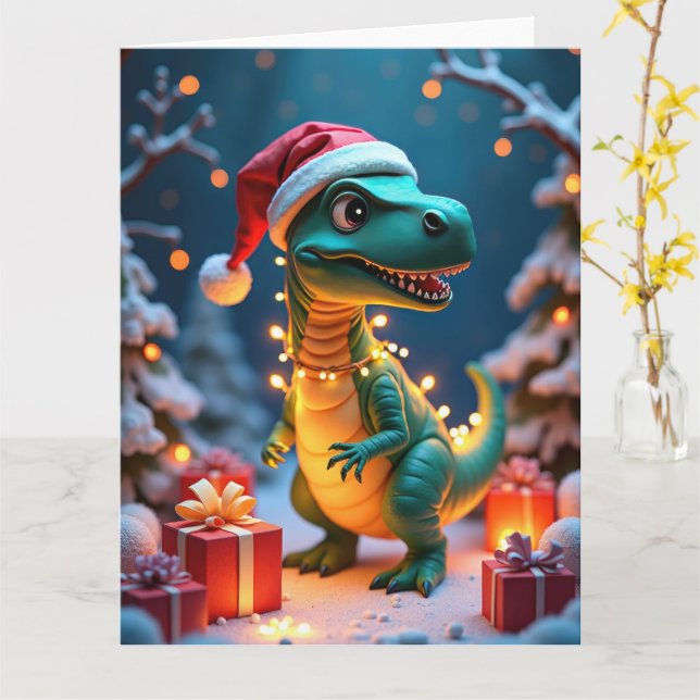 Söt dinosaurie insvept i lampor julscen kort (Gul blomma)