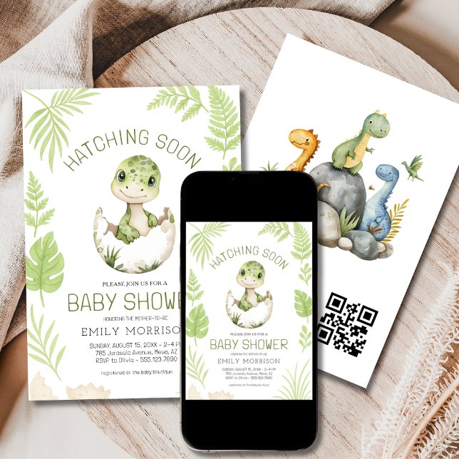 Söt dinosaurie kläcks snart QR-kod baby shower Inbjudningar (Skapare uppladdad)