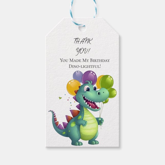 Söt dinosaurie med ballonger 1-årspresent etikett (Framsidan)