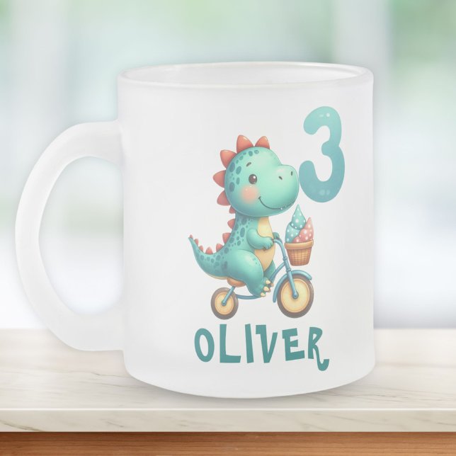 Söt dinosaurie med cykel 3-års födelsedag frostad glasmugg (Skapare uppladdad)