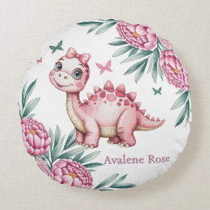 Söt dinosaurie med fjärilar baby shower-gåva rund kudde