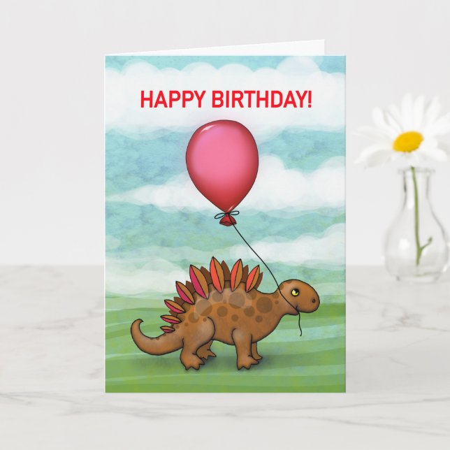 Söt dinosaurie med röd ballong kort (Liten växt)