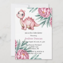 Söt dinosaurie med rosa peony-flicka Baby Shower