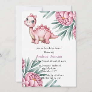 Söt dinosaurie med rosa peony-flicka Baby Shower Inbjudningar