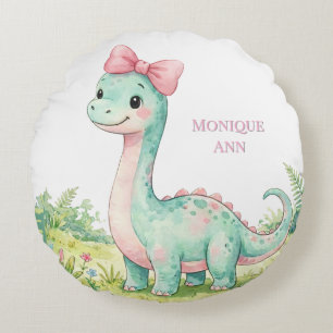 Söt dinosaurie med rosa rosett Baby Shower-gåva Rund Kudde