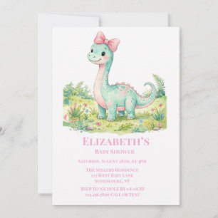 Söt dinosaurie med rosa rosett - baby shower inbjudningar