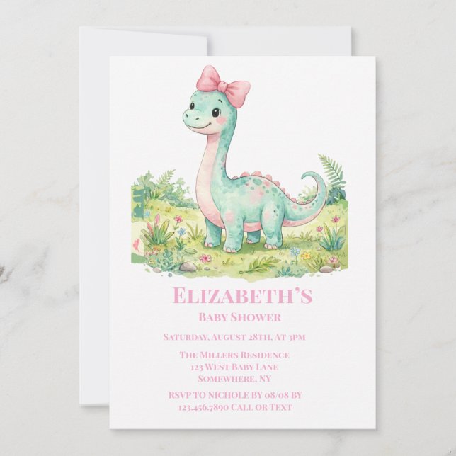 Söt dinosaurie med rosa rosett - baby shower inbjudningar (Framsida)