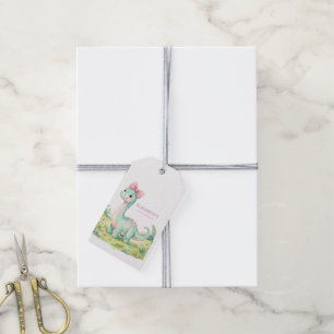 Söt dinosaurie med rosa rosett babyfirande tack ko presentetikett