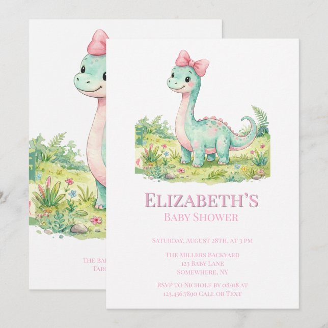 Söt dinosaurie med rosa rosett - bebisfest inbjudningar (Fram/baksida)