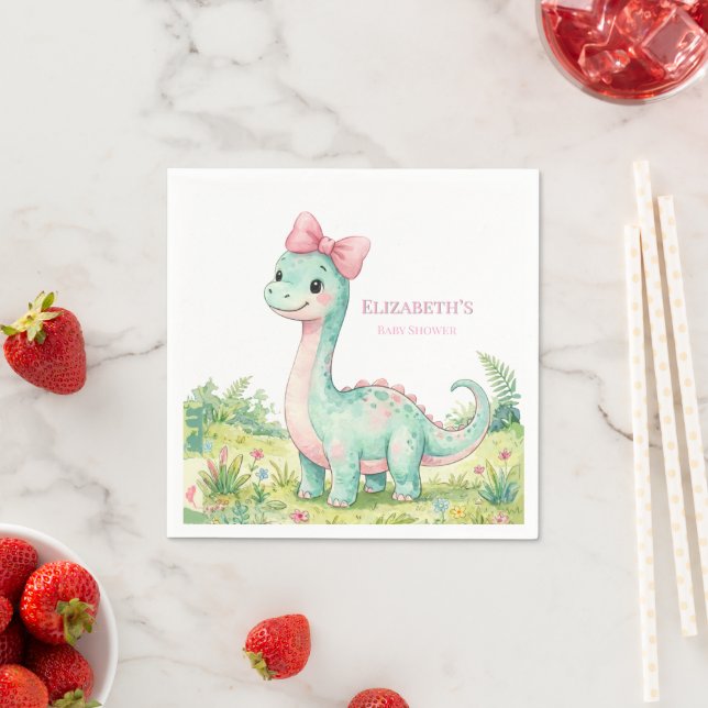 Söt dinosaurie med rosa rosett - bebisfest pappersservett (Insitu)