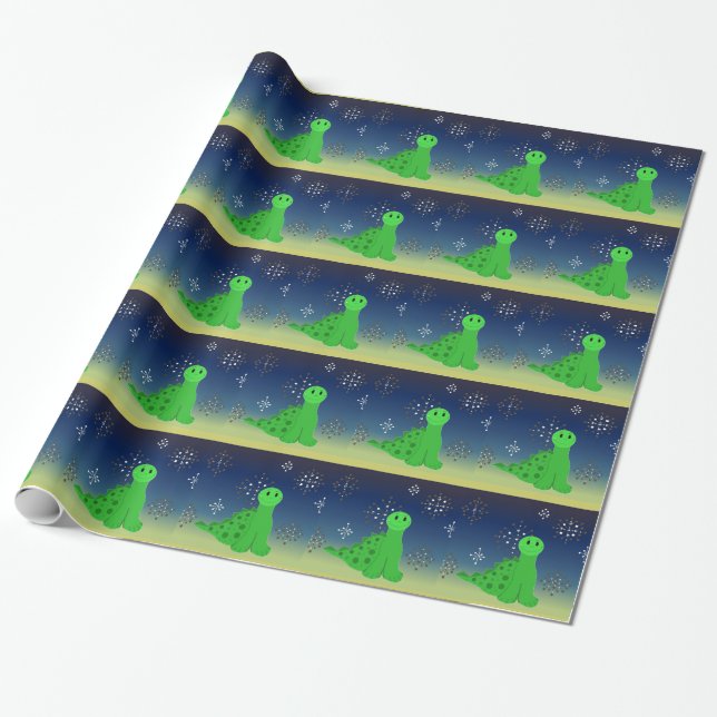 Söt dinosaurie med snöflingor presentpapper (Utrullad)