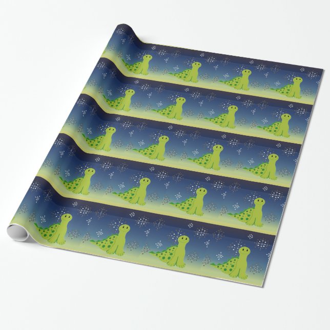 Söt dinosaurie med snöflingor presentpapper (Utrullad)
