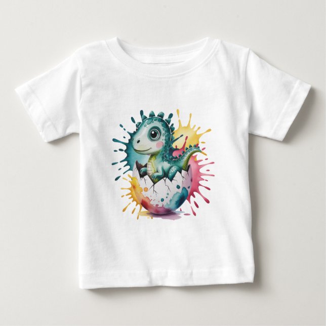 Söt dinosaurie med vattenfärgssprut Bebisbad T Shirt (Framsida)