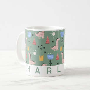 Söt dinosaurie-mönster barn anpassat namn sagegrön kaffemugg