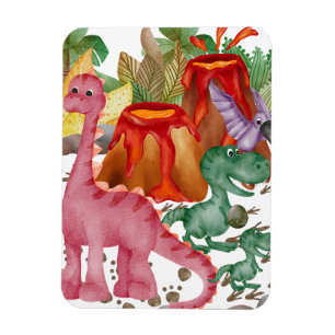 Söt dinosaurie och utbrutande vulkan magnet