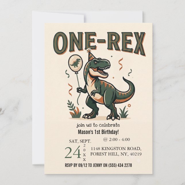 Söt dinosaurie One-Rex 1-års födelsedagsinbjudan Inbjudningar (Framsida)
