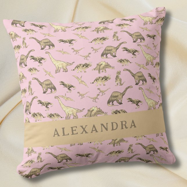 Söt dinosaurie Personligt namn Rosa Kudde (Cute dinosaur personalized name baby girls pink pillow)
